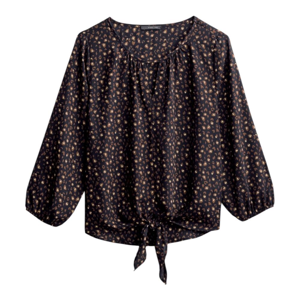 West Kei Casiya Tie Front Blouse Size L Brown & Blue Animal Print